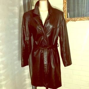 Express Black Leather Button Lined Trench Coat.